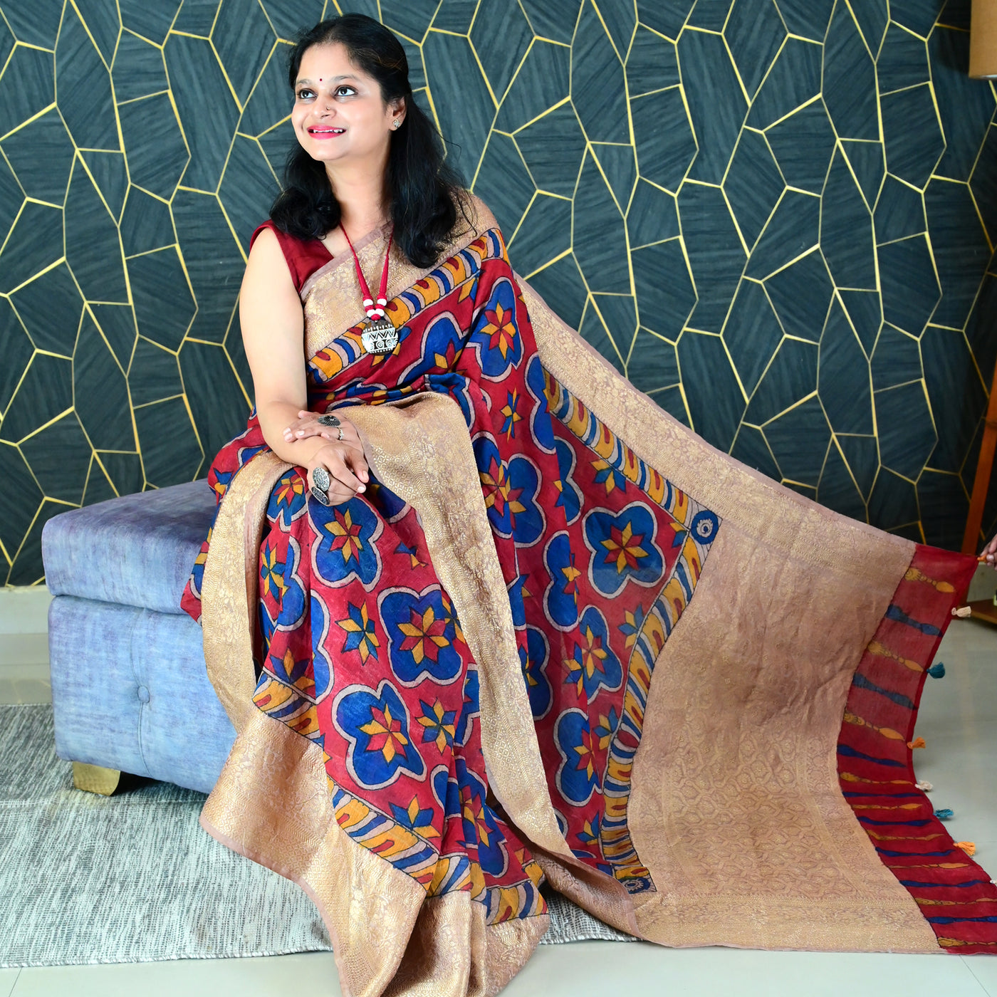 RANGREKHA:HAND DRAWN&HAND PAINTED PURE SILK-LINEN PEN KALAMKARI SAREE WITH MEENAKARI PALLU