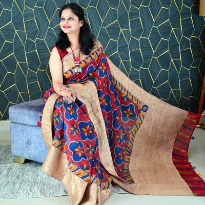 RANGREKHA:HAND DRAWN&HAND PAINTED PURE SILK-LINEN PEN KALAMKARI SAREE WITH MEENAKARI PALLU