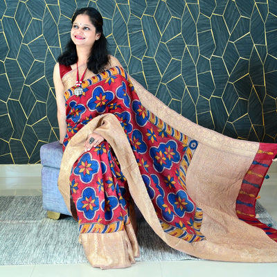 RANGREKHA:HAND DRAWN&HAND PAINTED PURE SILK-LINEN PEN KALAMKARI SAREE WITH MEENAKARI PALLU