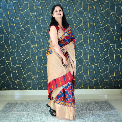 RANGREKHA:HAND DRAWN&HAND PAINTED PURE SILK-LINEN PEN KALAMKARI SAREE WITH MEENAKARI PALLU