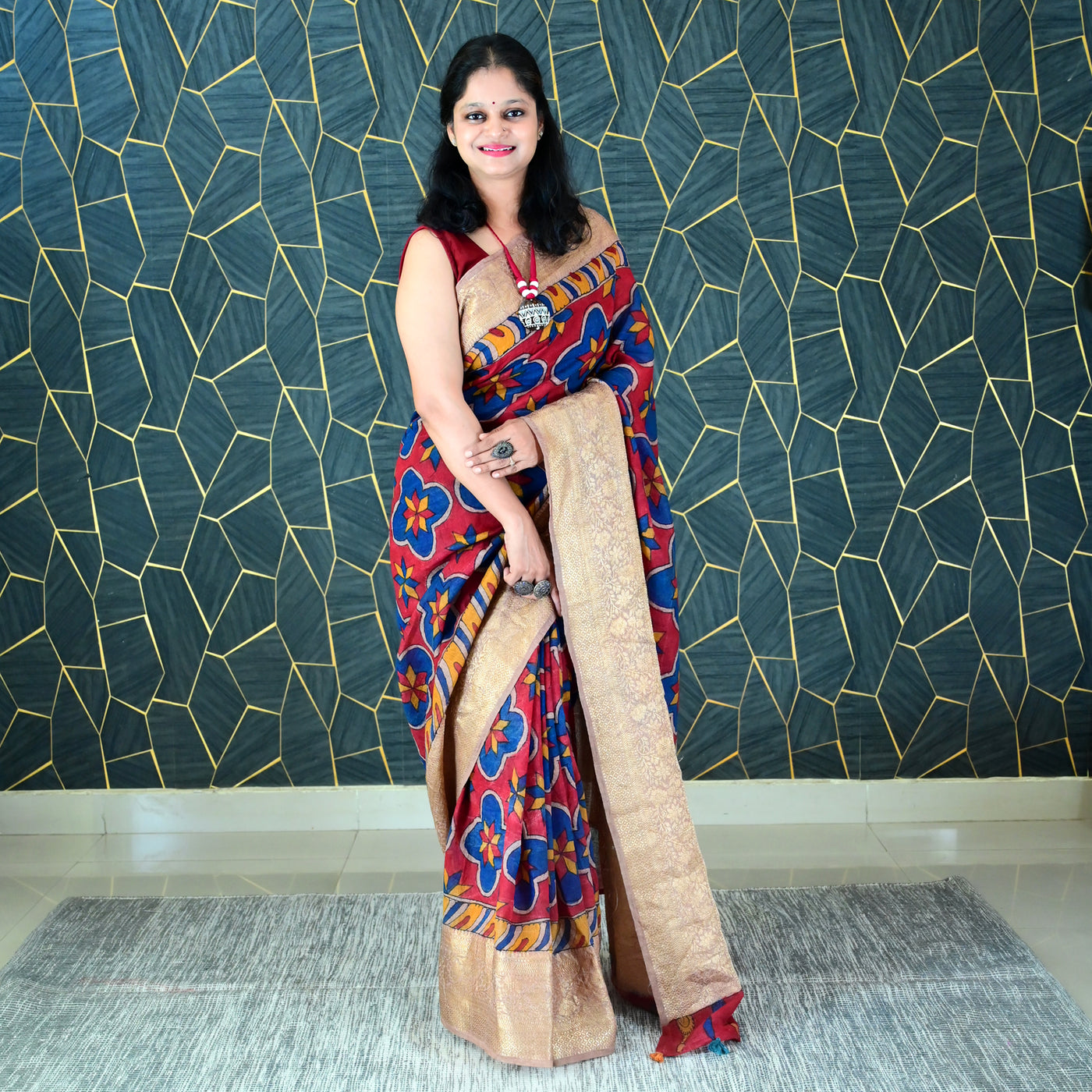 RANGREKHA:HAND DRAWN&HAND PAINTED PURE SILK-LINEN PEN KALAMKARI SAREE WITH MEENAKARI PALLU