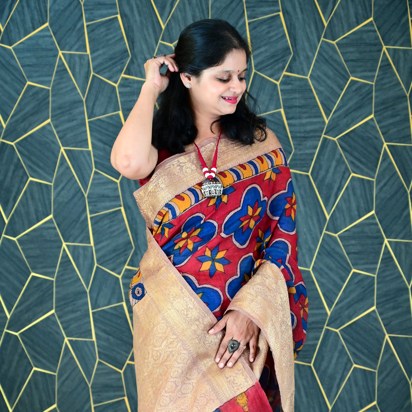 RANGREKHA:HAND DRAWN&HAND PAINTED PURE SILK-LINEN PEN KALAMKARI SAREE WITH MEENAKARI PALLU
