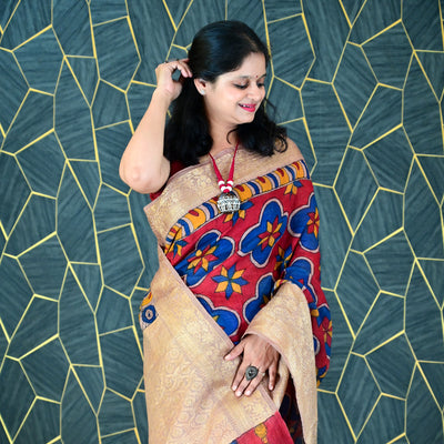 RANGREKHA:HAND DRAWN&HAND PAINTED PURE SILK-LINEN PEN KALAMKARI SAREE WITH MEENAKARI PALLU