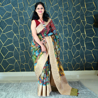 RAM-SIYA:HAND DRAWN&HAND PAINTED PURE SILK-LINEN PEN KALAMKARI SAREE WITH MEENAKARI PALLU