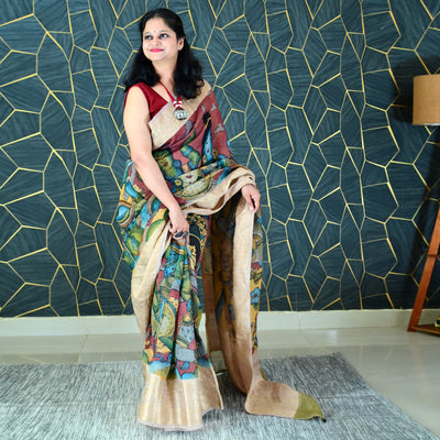 RAM-SIYA:HAND DRAWN&HAND PAINTED PURE SILK-LINEN PEN KALAMKARI SAREE WITH MEENAKARI PALLU
