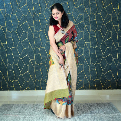 RAM-SIYA:HAND DRAWN&HAND PAINTED PURE SILK-LINEN PEN KALAMKARI SAREE WITH MEENAKARI PALLU