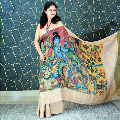 RAM-SIYA:HAND DRAWN&HAND PAINTED PURE SILK-LINEN PEN KALAMKARI SAREE WITH MEENAKARI PALLU