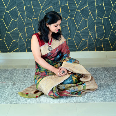RAM-SIYA:HAND DRAWN&HAND PAINTED PURE SILK-LINEN PEN KALAMKARI SAREE WITH MEENAKARI PALLU