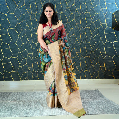 RAM-SIYA:HAND DRAWN&HAND PAINTED PURE SILK-LINEN PEN KALAMKARI SAREE WITH MEENAKARI PALLU