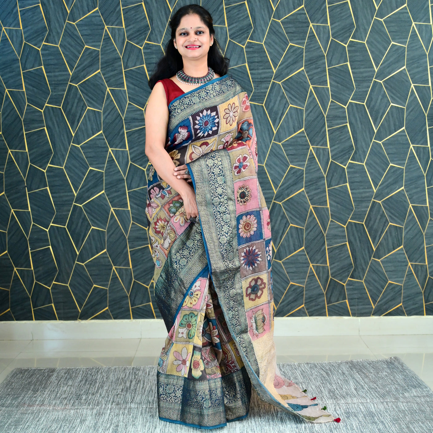 PHOOL BAGH:HAND DRAWN&HAND PAINTED PURE SILK-LINEN PEN KALAMKARI SAREE WITH MEENAKARI PALLU