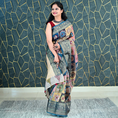 PHOOL BAGH:HAND DRAWN&HAND PAINTED PURE SILK-LINEN PEN KALAMKARI SAREE WITH MEENAKARI PALLU