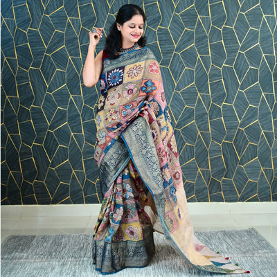 PHOOL BAGH:HAND DRAWN&HAND PAINTED PURE SILK-LINEN PEN KALAMKARI SAREE WITH MEENAKARI PALLU