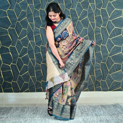 PHOOL BAGH:HAND DRAWN&HAND PAINTED PURE SILK-LINEN PEN KALAMKARI SAREE WITH MEENAKARI PALLU