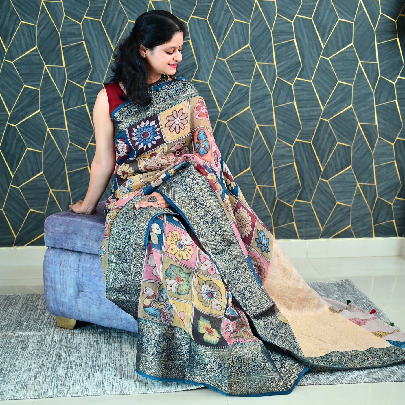 PHOOL BAGH:HAND DRAWN&HAND PAINTED PURE SILK-LINEN PEN KALAMKARI SAREE WITH MEENAKARI PALLU