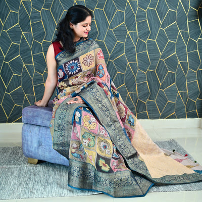 PHOOL BAGH:HAND DRAWN&HAND PAINTED PURE SILK-LINEN PEN KALAMKARI SAREE WITH MEENAKARI PALLU