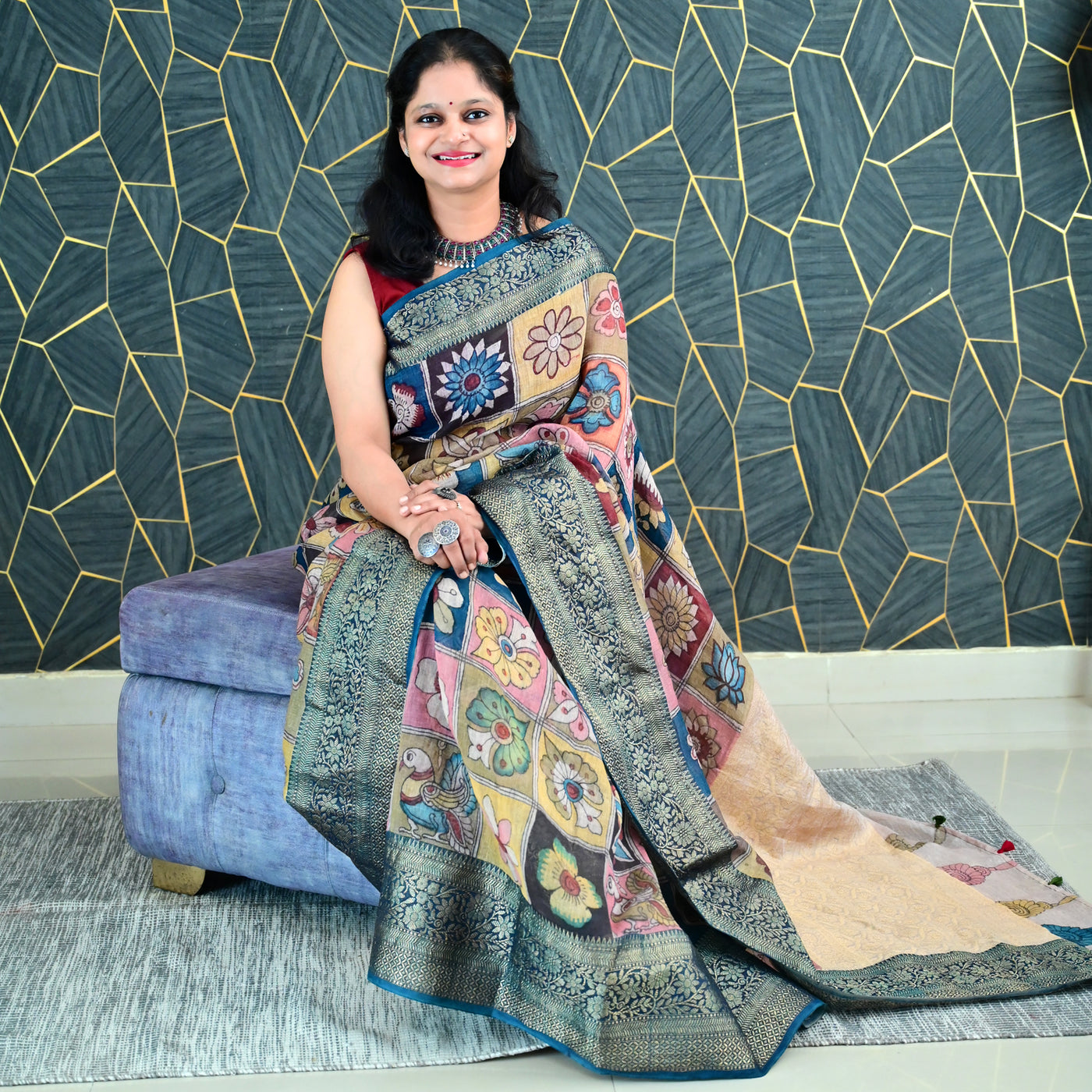 PHOOL BAGH:HAND DRAWN&HAND PAINTED PURE SILK-LINEN PEN KALAMKARI SAREE WITH MEENAKARI PALLU