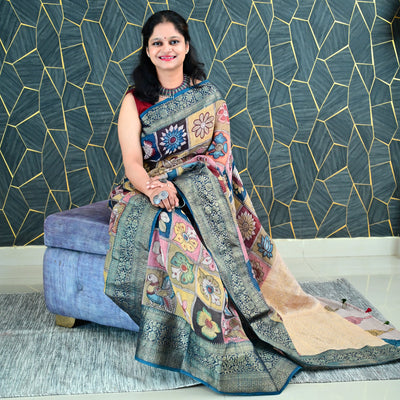 PHOOL BAGH:HAND DRAWN&HAND PAINTED PURE SILK-LINEN PEN KALAMKARI SAREE WITH MEENAKARI PALLU