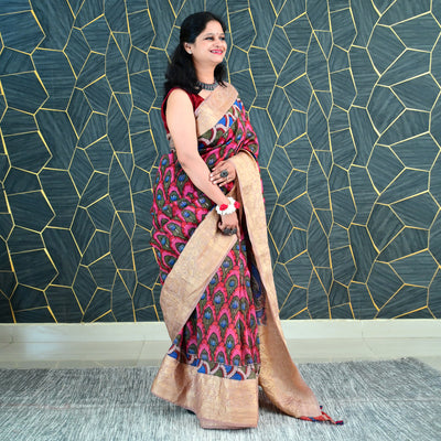 KAMAL PUSHP:HAND DRAWN&HAND PAINTED PURE SILK-LINEN PEN KALAMKARI SAREE WITH MEENAKARI PALLU