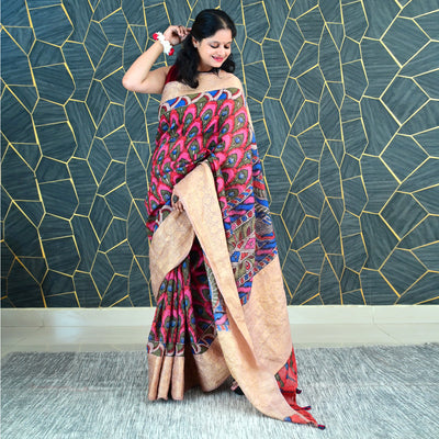 KAMAL PUSHP:HAND DRAWN&HAND PAINTED PURE SILK-LINEN PEN KALAMKARI SAREE WITH MEENAKARI PALLU