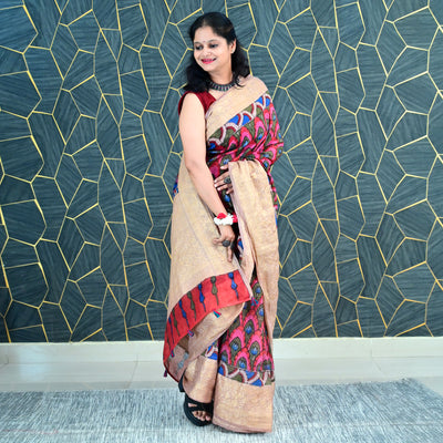 KAMAL PUSHP:HAND DRAWN&HAND PAINTED PURE SILK-LINEN PEN KALAMKARI SAREE WITH MEENAKARI PALLU