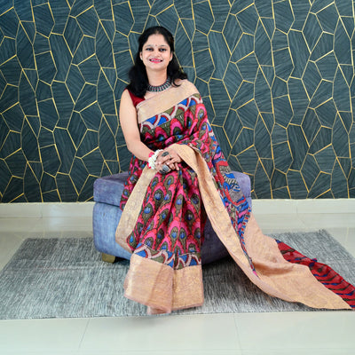 KAMAL PUSHP:HAND DRAWN&HAND PAINTED PURE SILK-LINEN PEN KALAMKARI SAREE WITH MEENAKARI PALLU