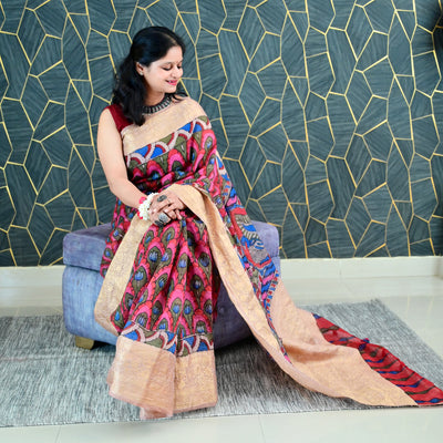 KAMAL PUSHP:HAND DRAWN&HAND PAINTED PURE SILK-LINEN PEN KALAMKARI SAREE WITH MEENAKARI PALLU