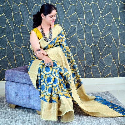 AAKAR:HAND DRAWN&HAND PAINTED PURE SILK-LINEN PEN KALAMKARI SAREE WITH MEENAKARI PALLU