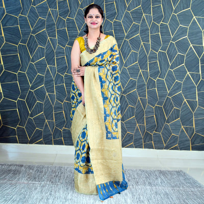 AAKAR:HAND DRAWN&HAND PAINTED PURE SILK-LINEN PEN KALAMKARI SAREE WITH MEENAKARI PALLU