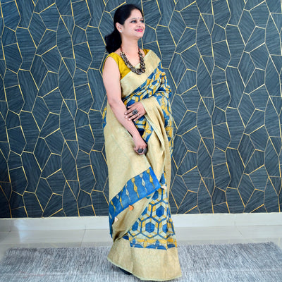 AAKAR:HAND DRAWN&HAND PAINTED PURE SILK-LINEN PEN KALAMKARI SAREE WITH MEENAKARI PALLU