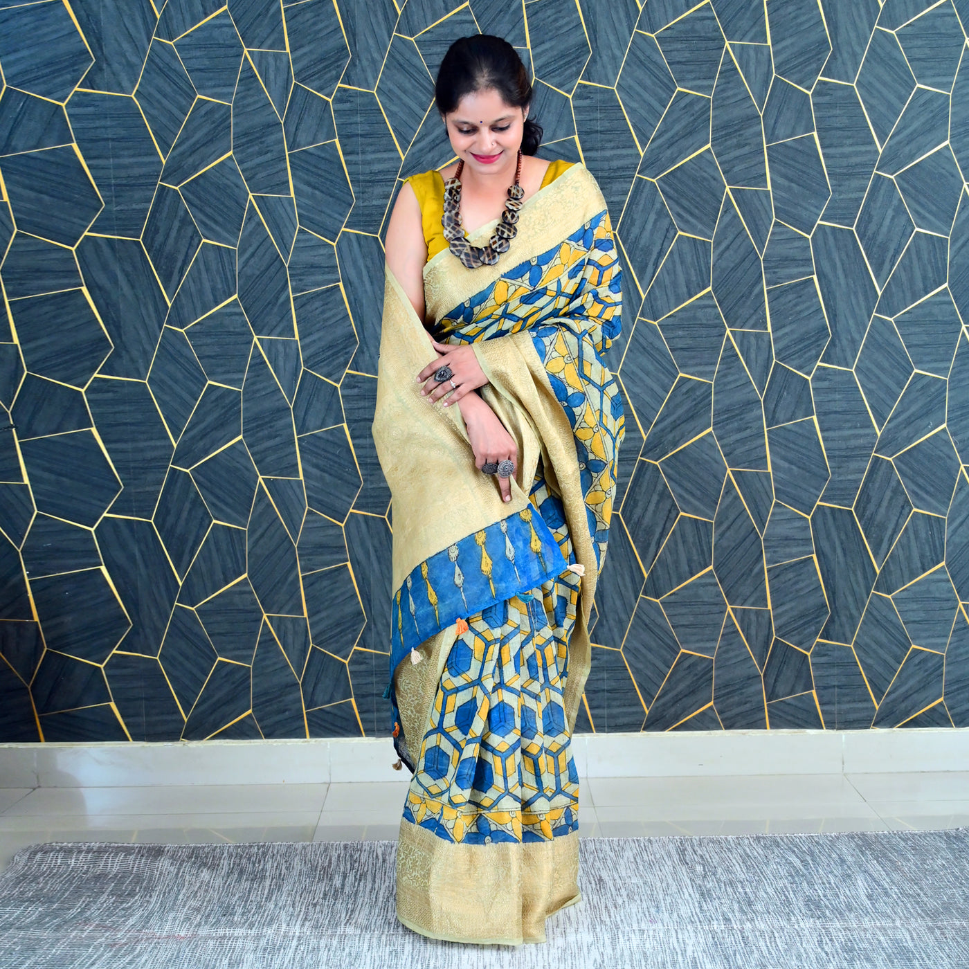 AAKAR:HAND DRAWN&HAND PAINTED PURE SILK-LINEN PEN KALAMKARI SAREE WITH MEENAKARI PALLU