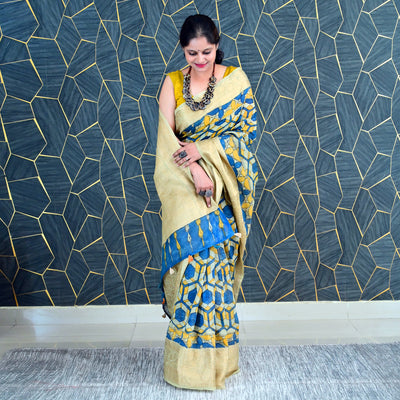 AAKAR:HAND DRAWN&HAND PAINTED PURE SILK-LINEN PEN KALAMKARI SAREE WITH MEENAKARI PALLU