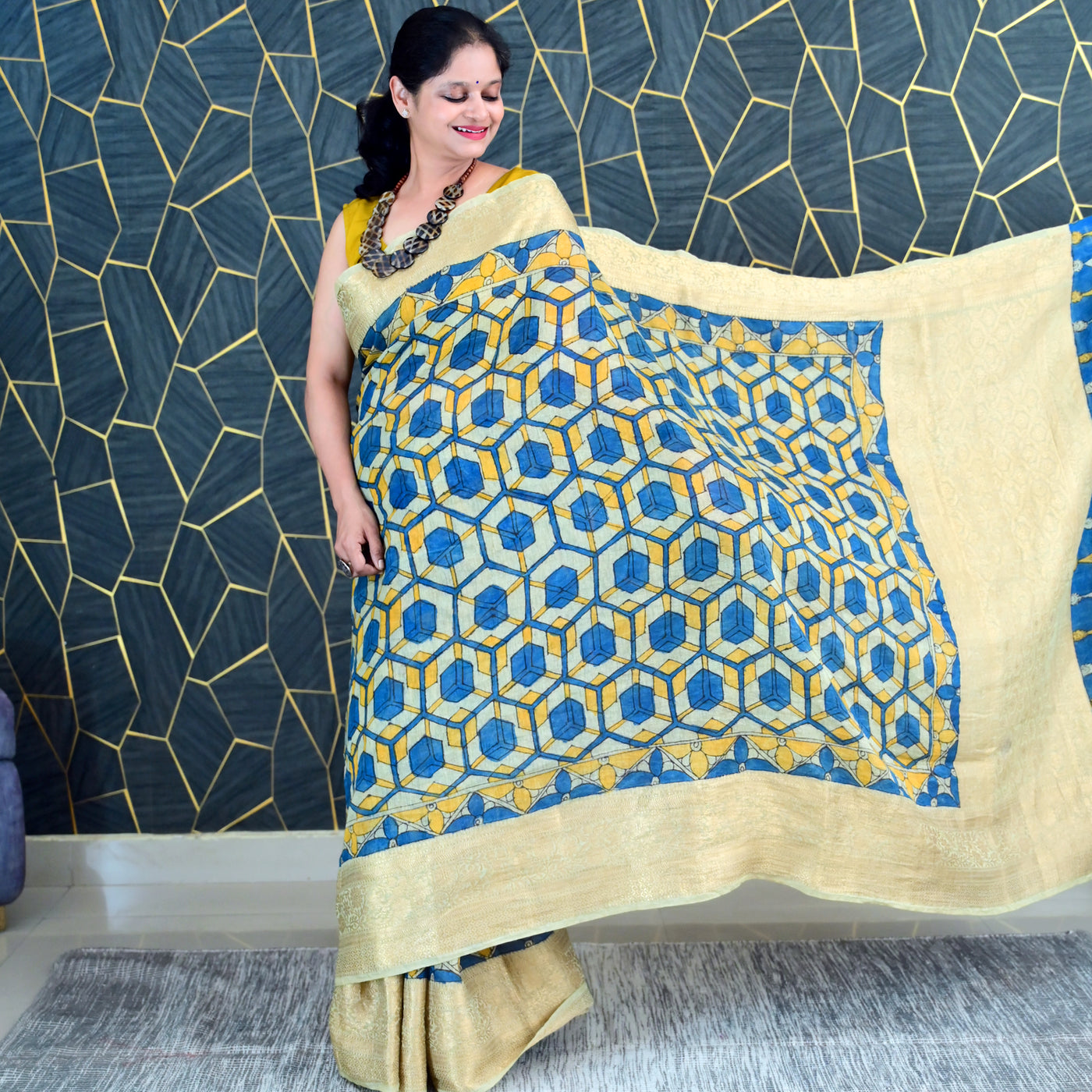 AAKAR:HAND DRAWN&HAND PAINTED PURE SILK-LINEN PEN KALAMKARI SAREE WITH MEENAKARI PALLU