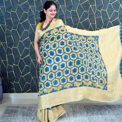 AAKAR:HAND DRAWN&HAND PAINTED PURE SILK-LINEN PEN KALAMKARI SAREE WITH MEENAKARI PALLU