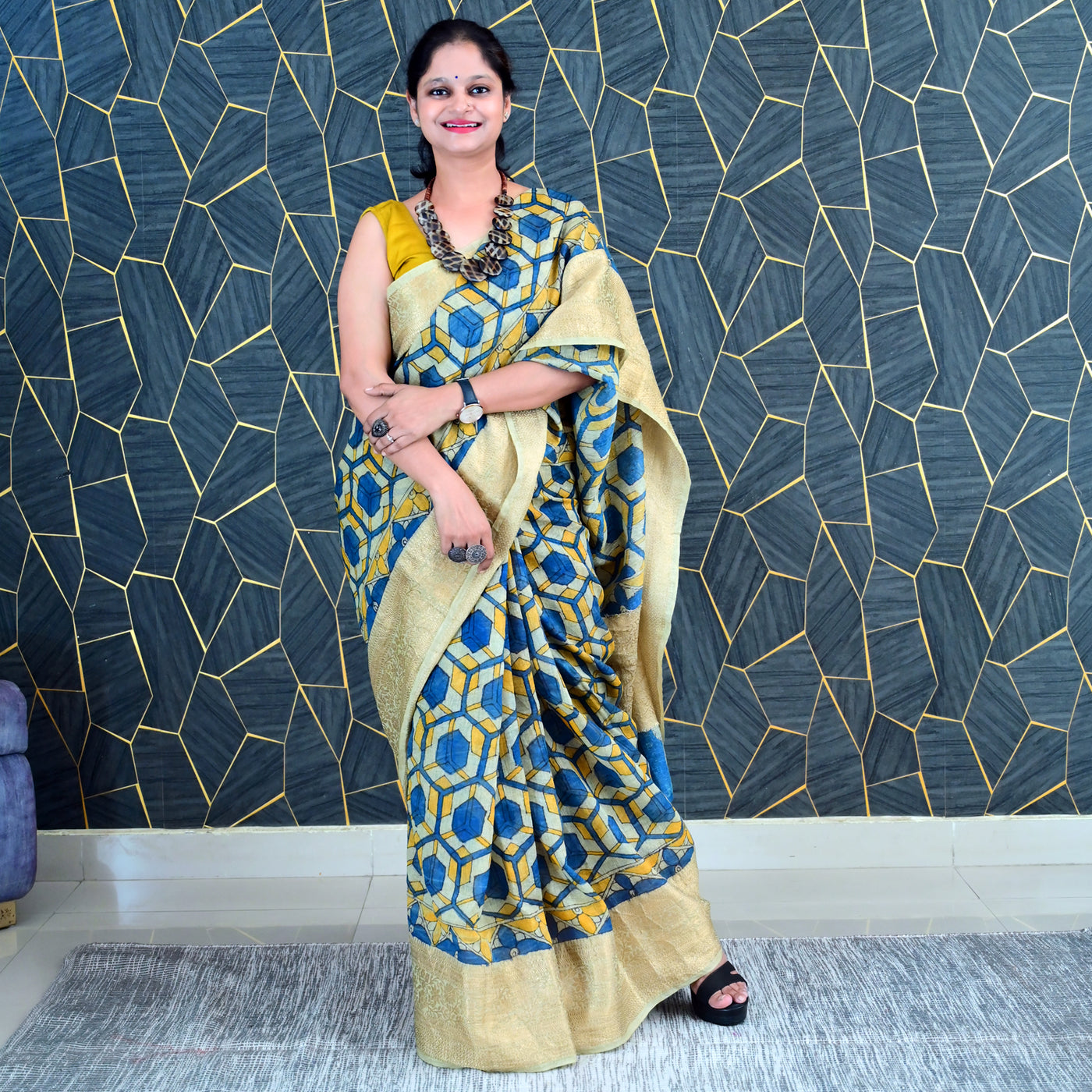 AAKAR:HAND DRAWN&HAND PAINTED PURE SILK-LINEN PEN KALAMKARI SAREE WITH MEENAKARI PALLU