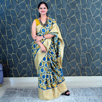 AAKAR:HAND DRAWN&HAND PAINTED PURE SILK-LINEN PEN KALAMKARI SAREE WITH MEENAKARI PALLU