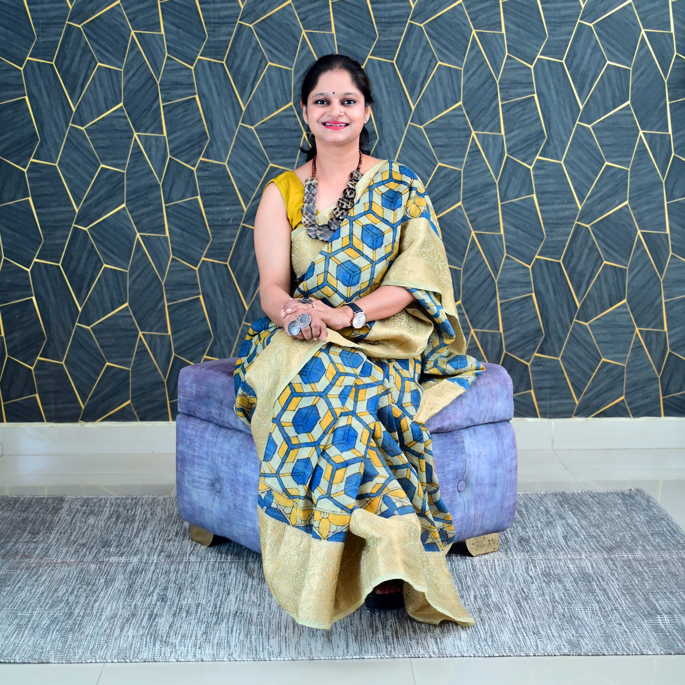 AAKAR:HAND DRAWN&HAND PAINTED PURE SILK-LINEN PEN KALAMKARI SAREE WITH MEENAKARI PALLU
