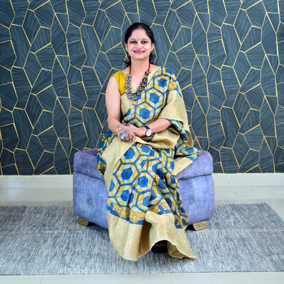 AAKAR:HAND DRAWN&HAND PAINTED PURE SILK-LINEN PEN KALAMKARI SAREE WITH MEENAKARI PALLU