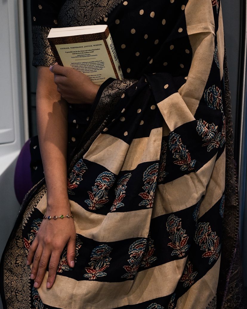 Bindu:Handblock Ajrakh Dola Silk Ajrakh Saree with Meenakari Pallu