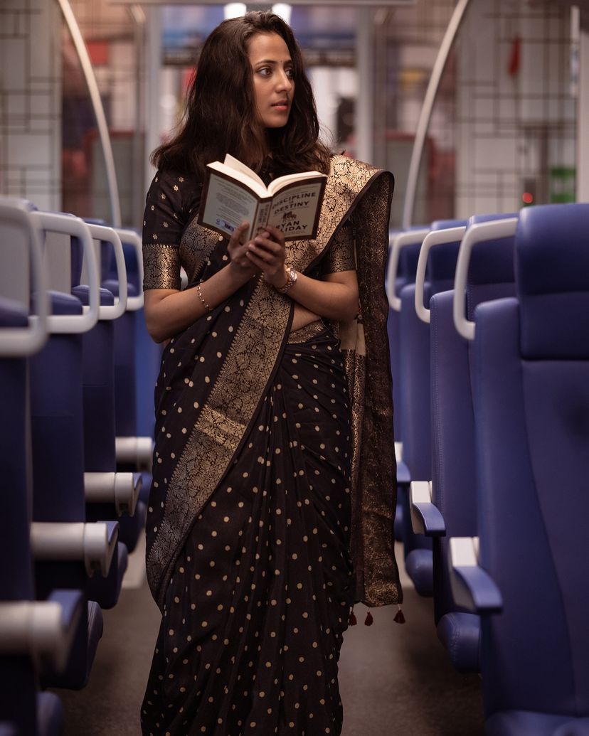 Bindu:Handblock Ajrakh Dola Silk Ajrakh Saree with Meenakari Pallu