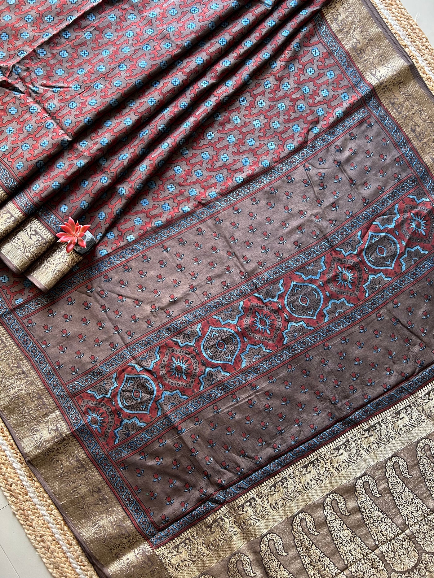 Ridhima:Handblock Ajrakh Dola Silk Saree with Meenakari Pallu