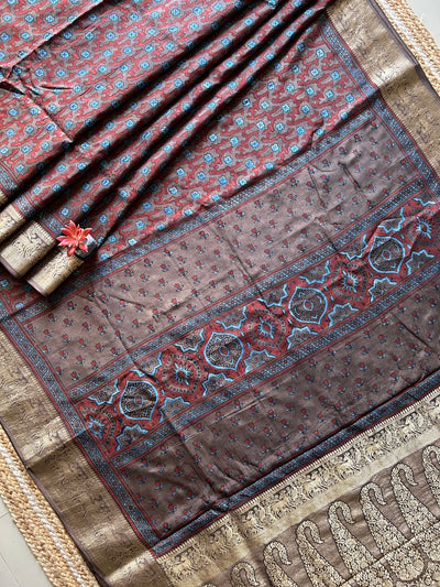 Ridhima:Handblock Ajrakh Dola Silk Saree with Meenakari Pallu