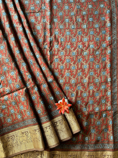 Ridhima:Handblock Ajrakh Dola Silk Saree with Meenakari Pallu