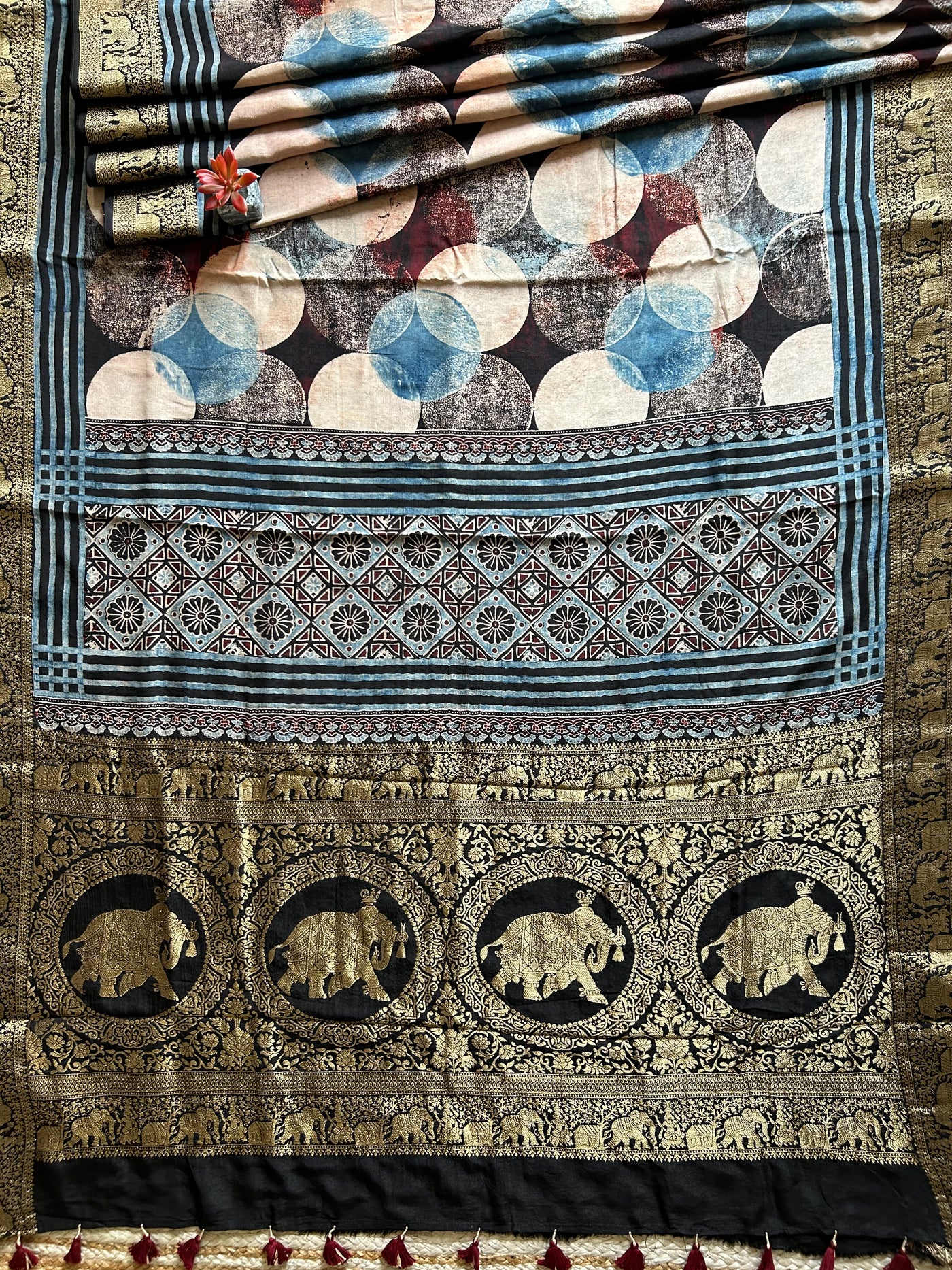 Sangam:Handblock Ajrakh Dola Silk Saree with Meenakari Pallu