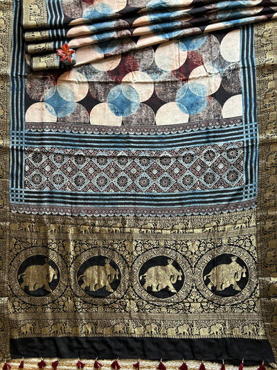 Sangam:Handblock Ajrakh Dola Silk Saree with Meenakari Pallu