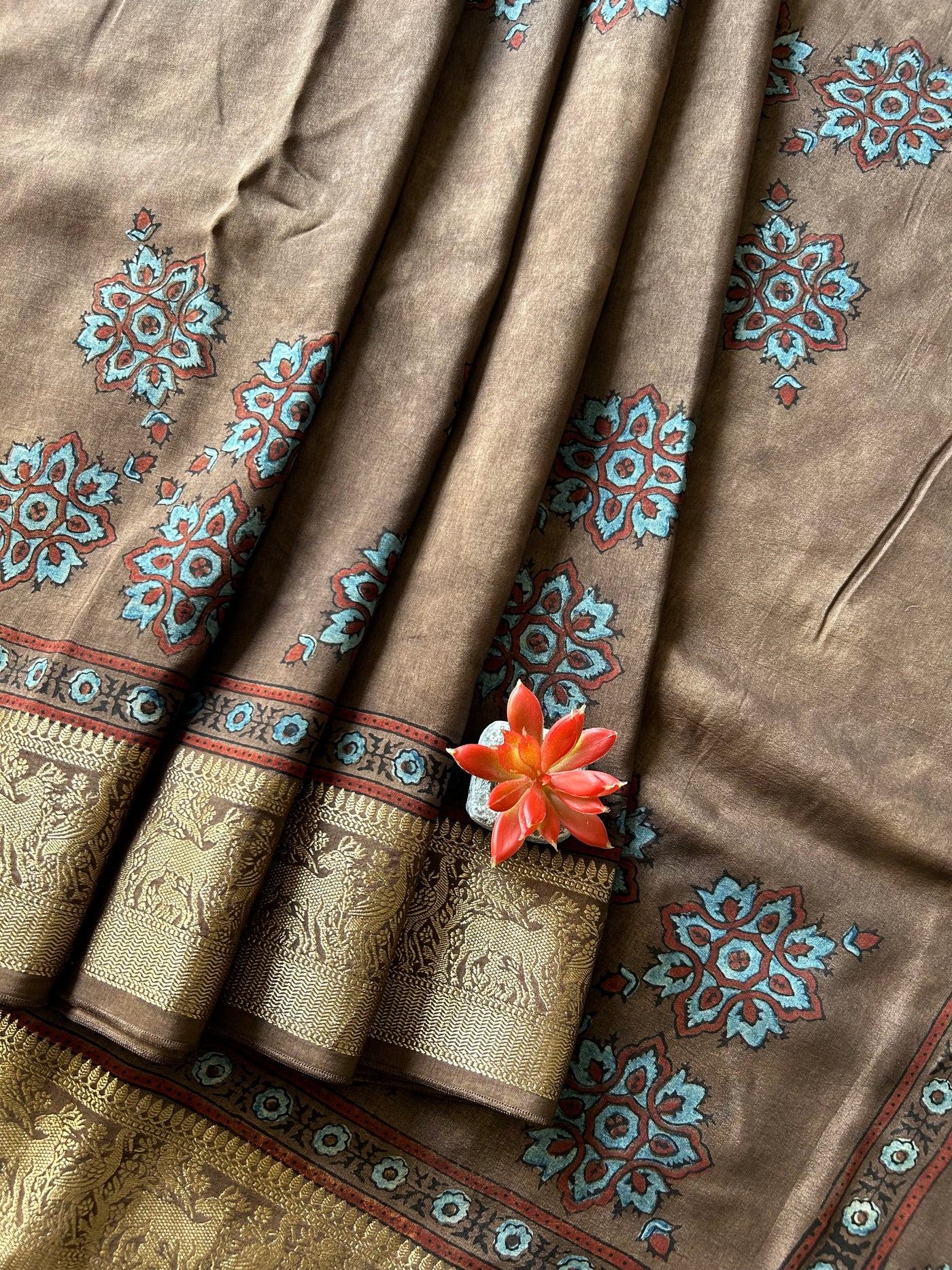 Ananya:Handblock Ajrakh Dola Silk Saree with Meenakari Pallu