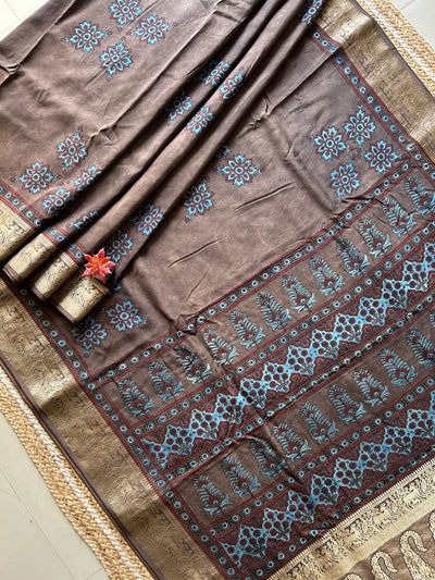 Ananya:Handblock Ajrakh Dola Silk Saree with Meenakari Pallu