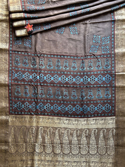 Ananya:Handblock Ajrakh Dola Silk Saree with Meenakari Pallu