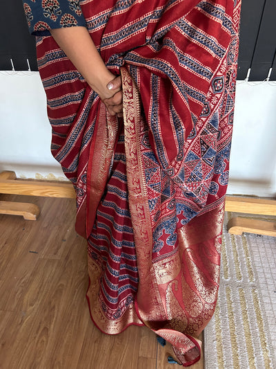 MAHIRA: Premium DolaSilk Meenakari Pallu Ajrakh Saree