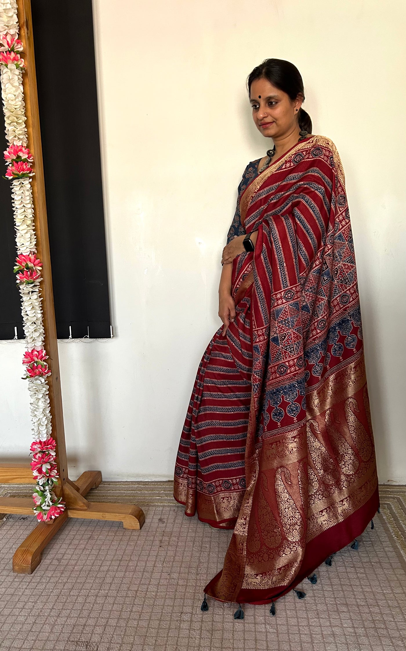 MAHIRA: Premium DolaSilk Meenakari Pallu Ajrakh Saree