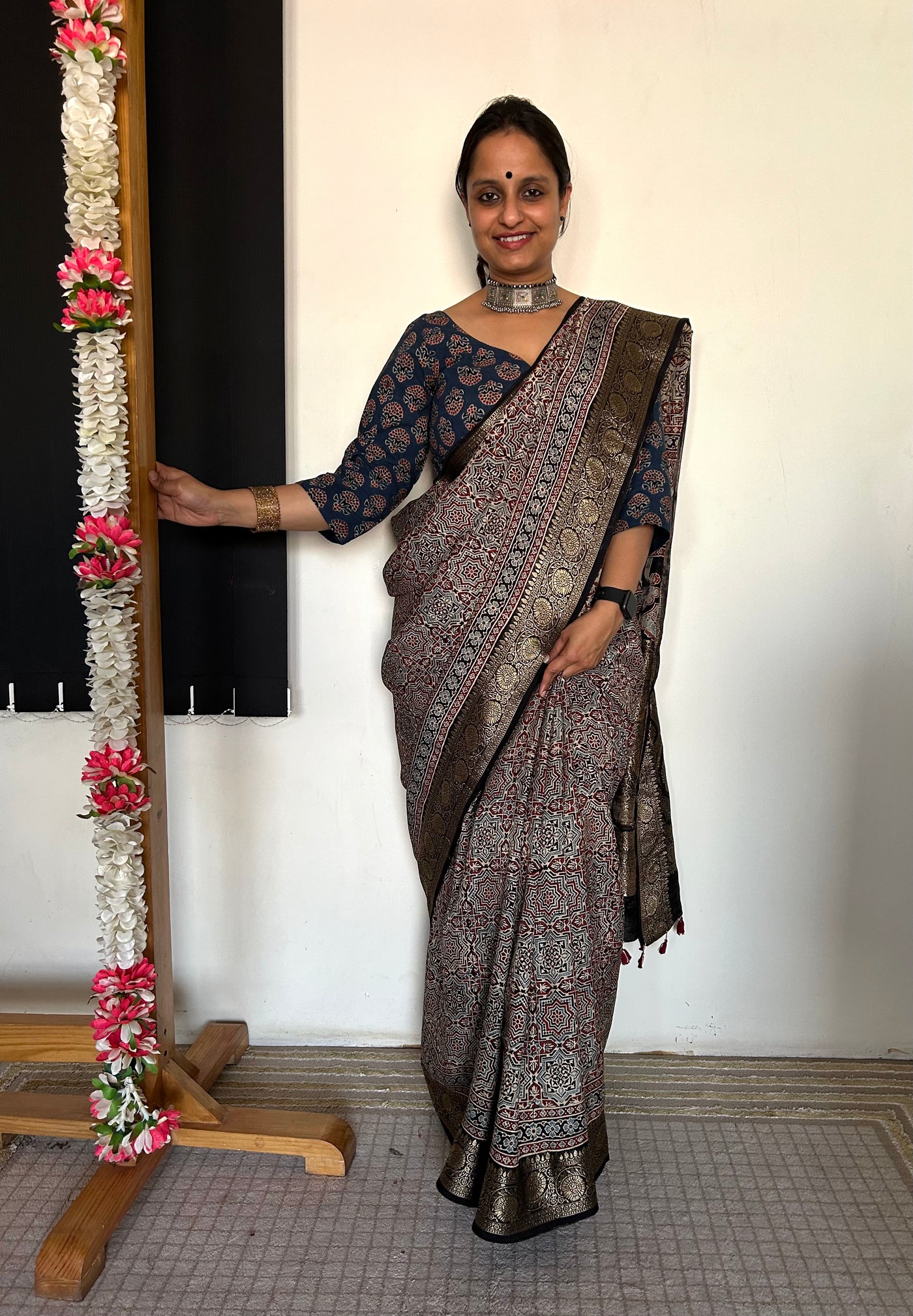 Raunak:Handmade Ajrakh Dola Silk Saree with Meenakari Pallu